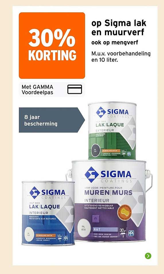 30% korting op Sigma lak en muurverf ook op mengverf