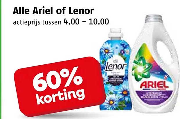 Alle Ariel of Lenor actprijs tussen 4.00 – 10.00 60% korting