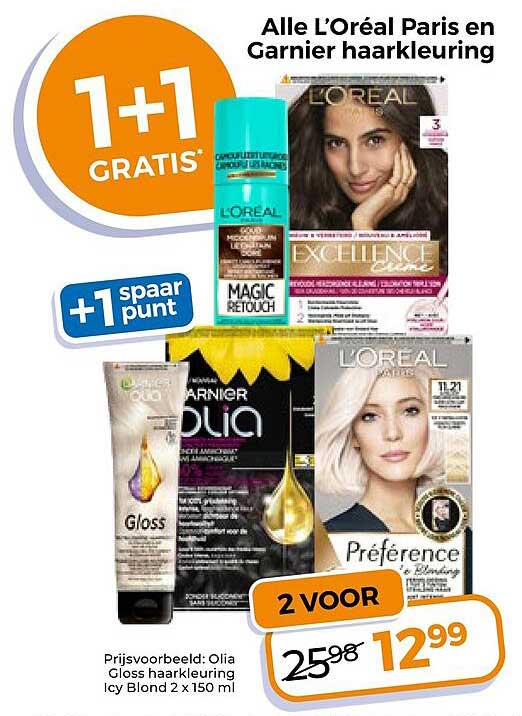 Alle L’Oréal Paris en Garnier haarkleuring 1+1 gratis