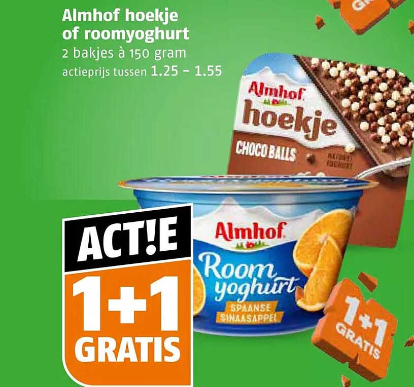 Almhof hoekje of roomyoghurt 2 bakjes à 150 gram 1+1 GRATIS