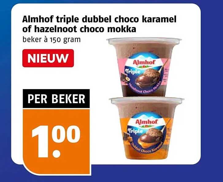 Almhof triple dubbel choco karamel of hazelnoot choco mokka beker à 150 gram