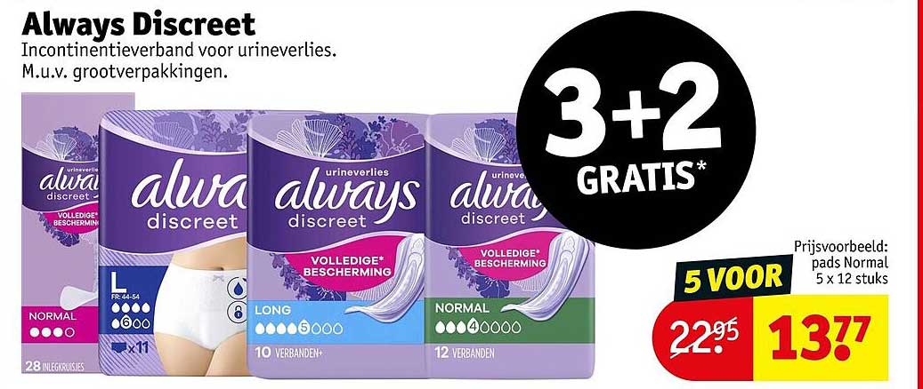 Always Discreet Incontinentieverband voor urineverlies. M.u.v. grootverpakkingen. 3+2 GRATIS*