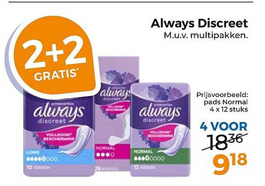Always Discreet M.u.v. multipakken. 2+2 GRATIS