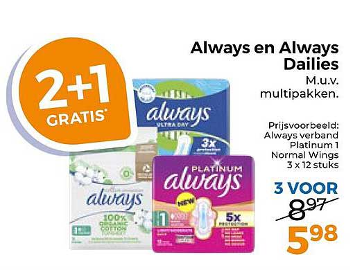 Always en Always Dailies M.u.v. multipakken. 2+1 GRATIS