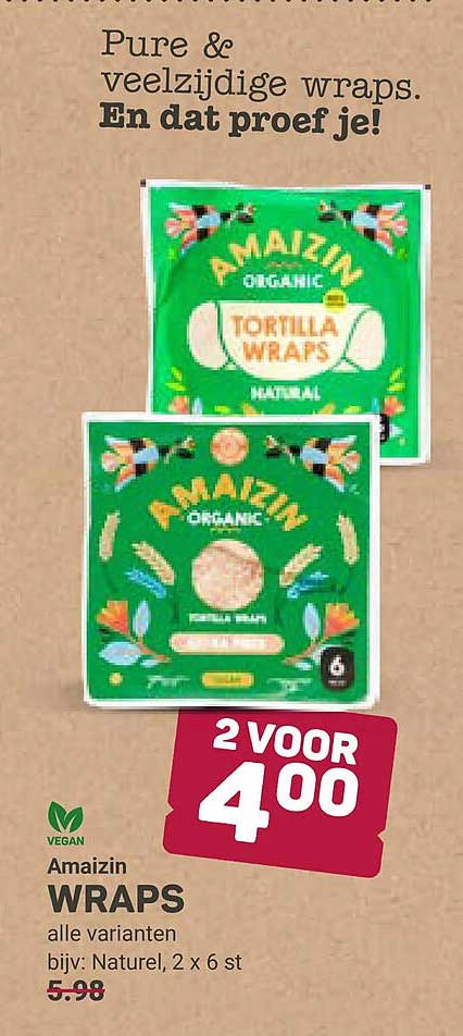 Amaizin WRAPS alle varianten bijv: Naturel, 2 x 6 st 2 VOOR 4 00