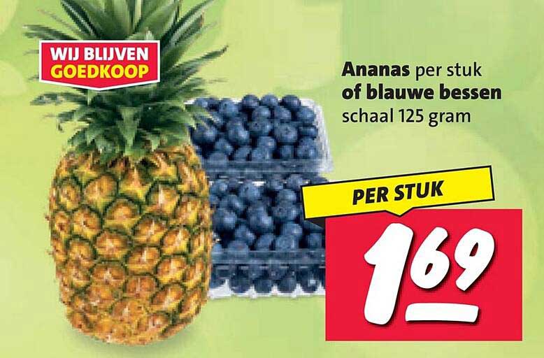 Ananas per stuk of blauwe bessen schaal 125 gram PER STUK