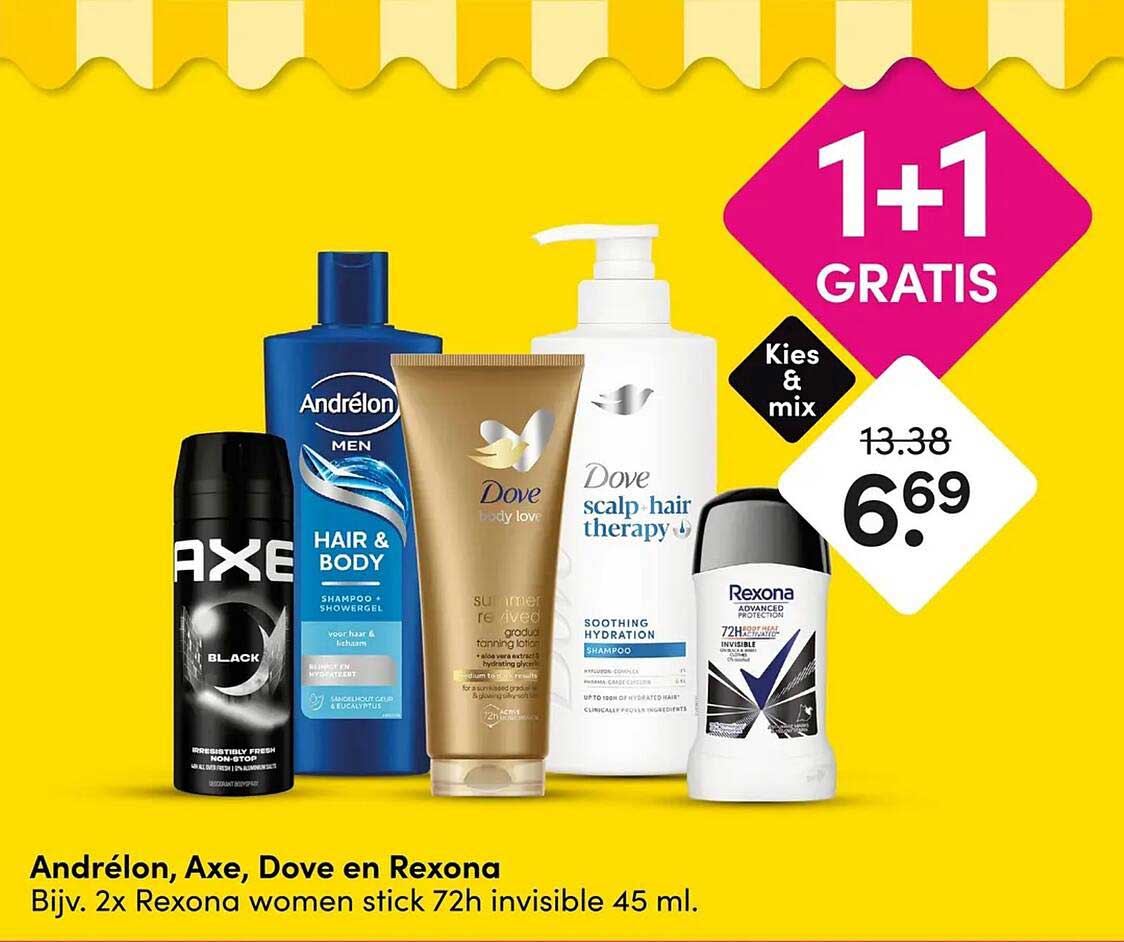 Andrélon, Axe, Dove en Rexona Bijv. 2x Rexona women stick 72h invisible 45 ml. 1+1 GRATIS