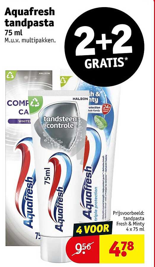 Aquafresh tandpasta 75 ml M.u.v. multipakken. 2+2 GRATIS*