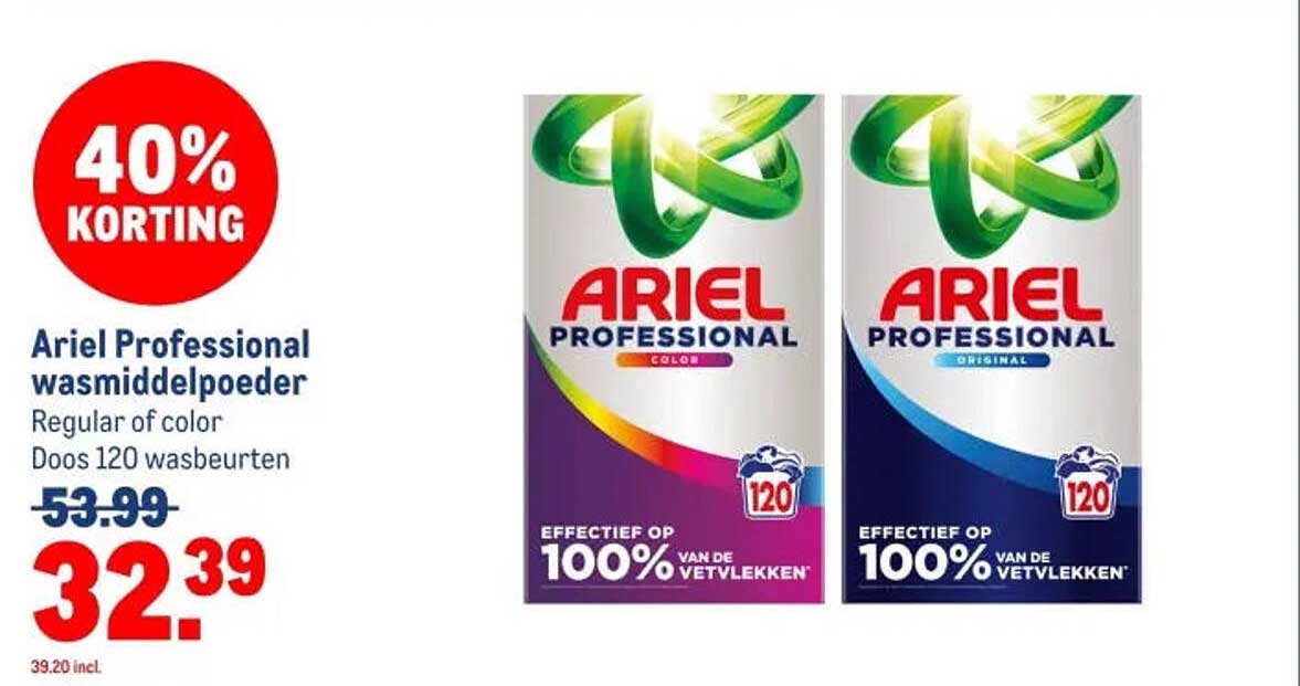Ariel Professional wasmiddepoeder Regular of color Doos 120 wasbeurten 40% KORTING