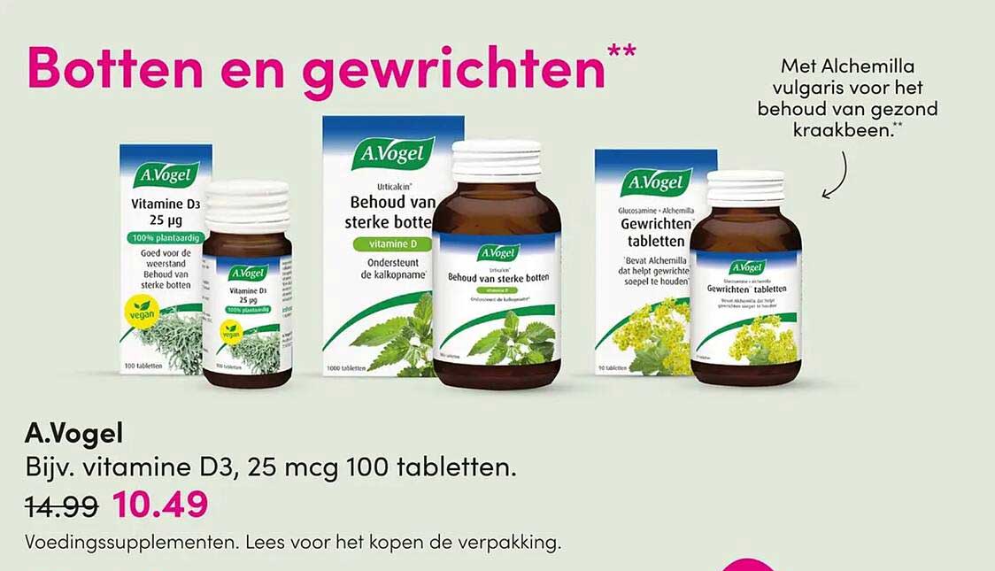 A.Vogel Bijv. vitamine D3, 25 mcg 100 tabletten.