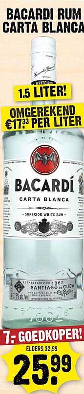 BACARDI RUM CARTA BLANCA 1.5 LITER! OMGEREKEND €17,33 PER LITER 7: GOEDKOPER!