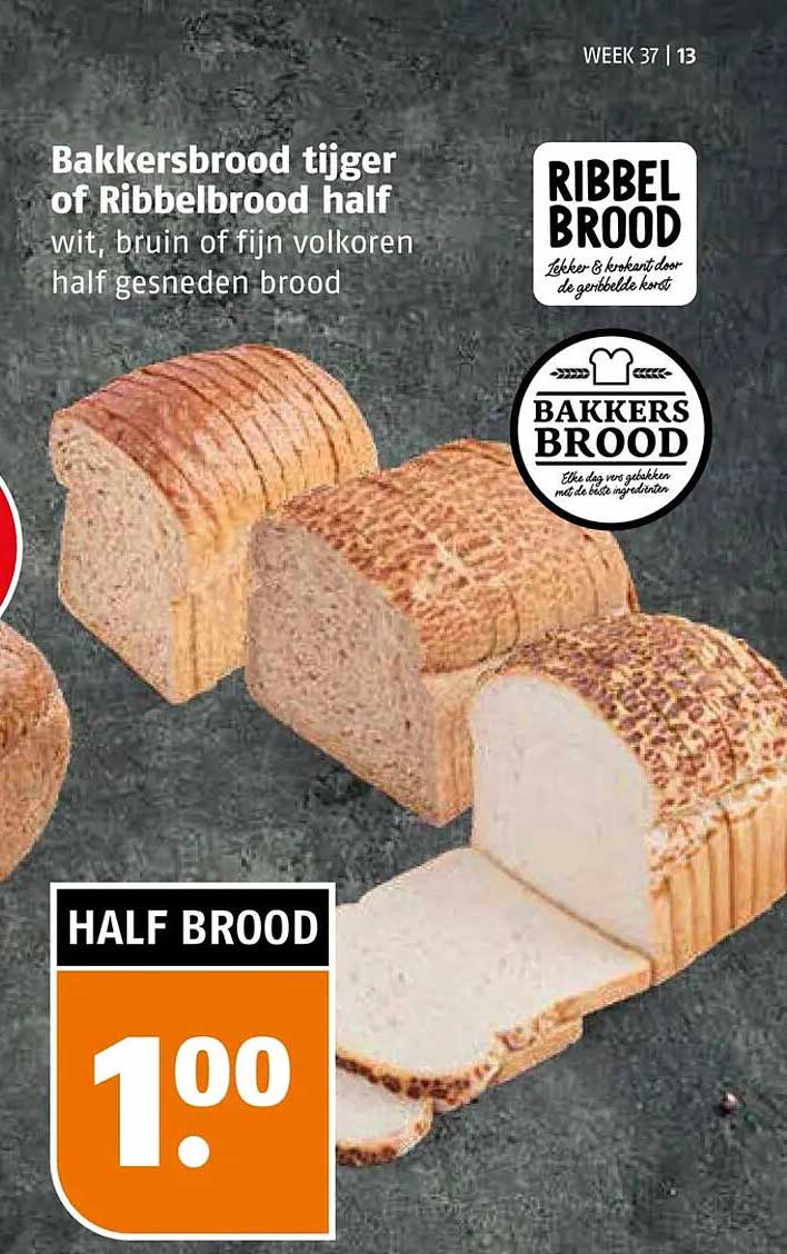 Bakkersbrood tijger of Ribbelbrood half wit, bruin of fijn volkoren half gesneden brood