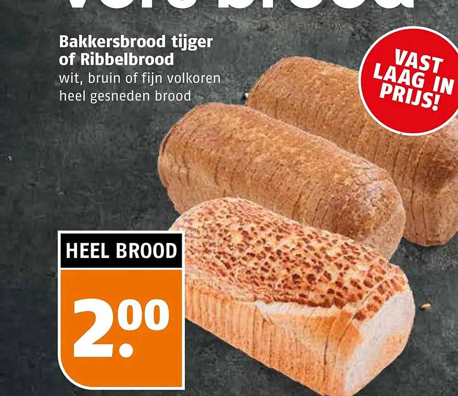 Bakkersbrood tijger of Ribbelbrood wit, bruin of fijn volkoren heel gesneden brood