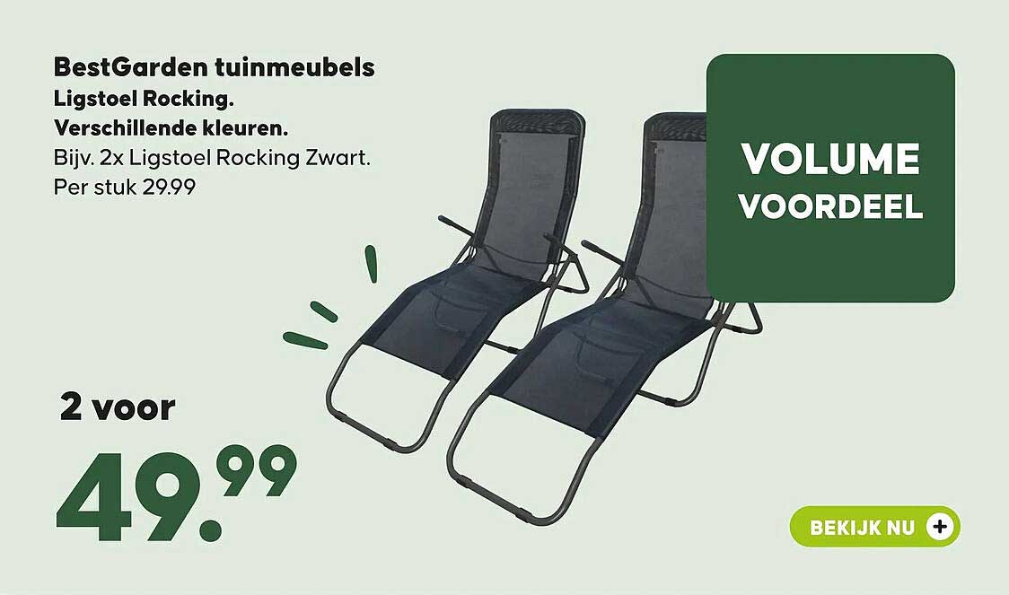 BestGarden tuinmeubels Ligstoel Rocking. Verschillende kleuren. Bijv. 2x Ligstoel Rocking Zwart. Per stuk 29.99 VOLUME VOORDEEL