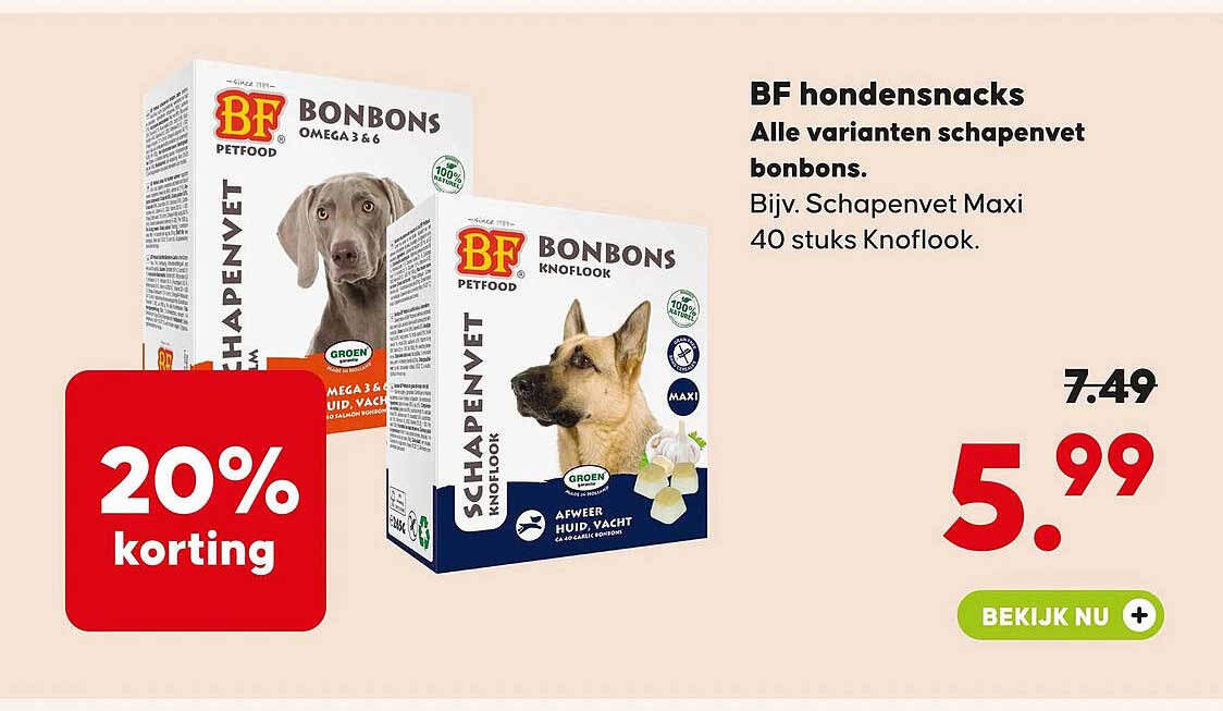 BF hondensnacks Alle varianten schapenvet bonbons. Bijv. Schapenvet Maxi 40 stuks Knoflook. 20% korting