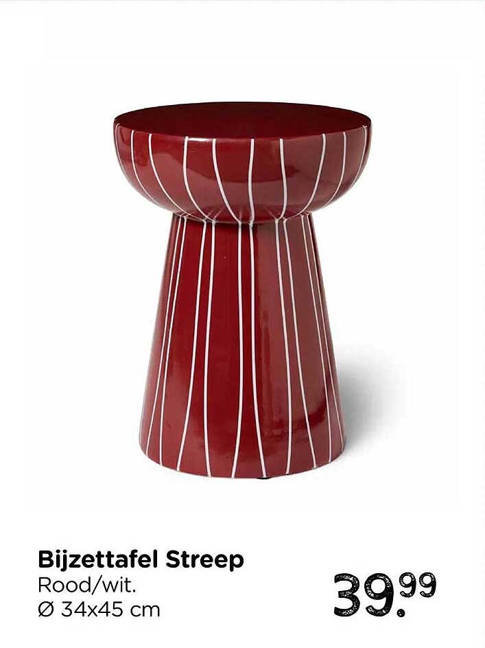 Bijzettafel Streep Rood/wit. Ø 34x45 cm