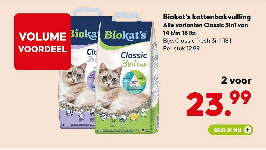Biokat's kattenbakvulling Alle varianten Classic 3in1 van 14 t/m 18 ltr. 2 voor