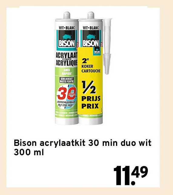 Bison acrylaattkit 30 min duo wit 300 ml 2e koker cartouche 1/2 prijs