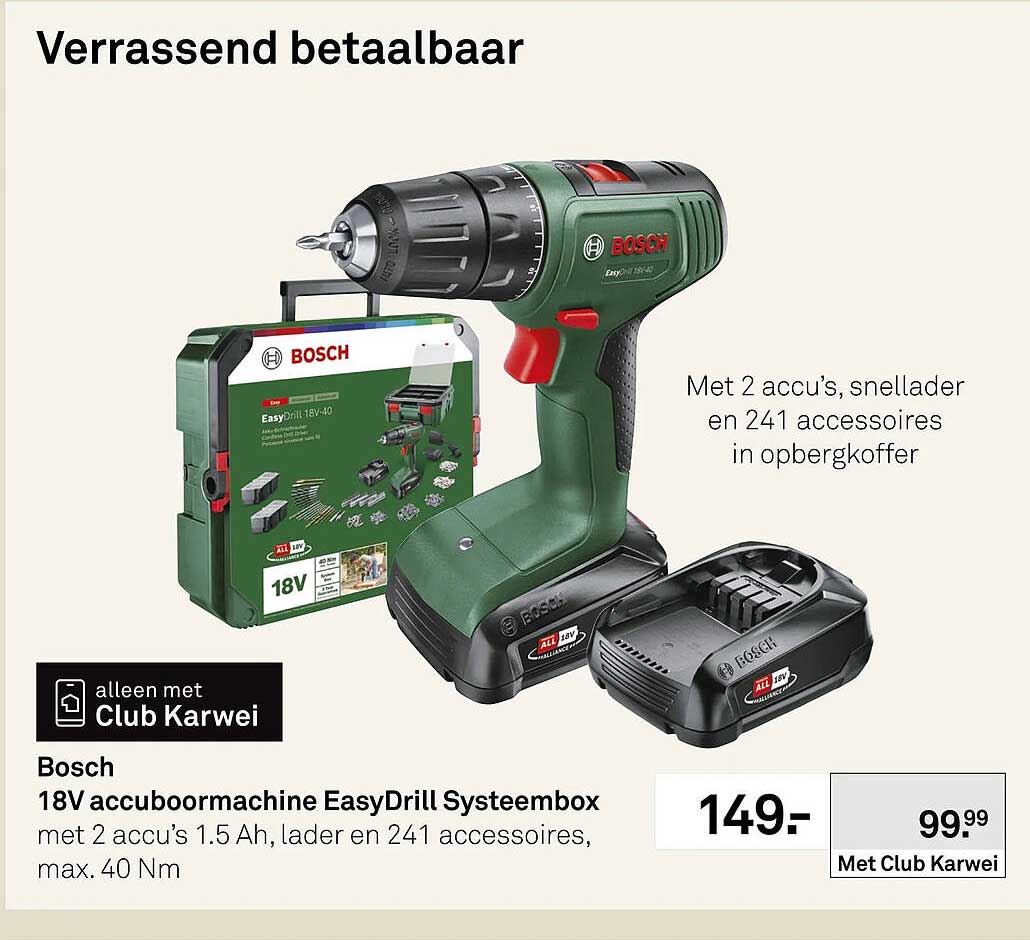 Bosch 18V accuboormachine EasyDrill Systeembox met 2 accu’s 1.5 Ah, lader en 241 accessoires, max. 40 Nm