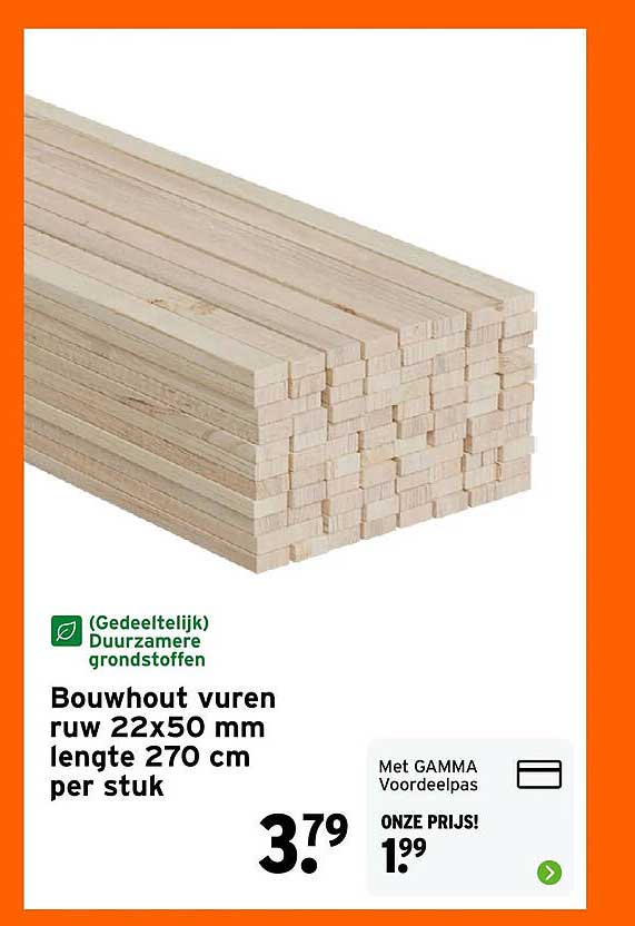 Bouwhout vuren ruw 22x50 mm lengte 270 cm per stuk