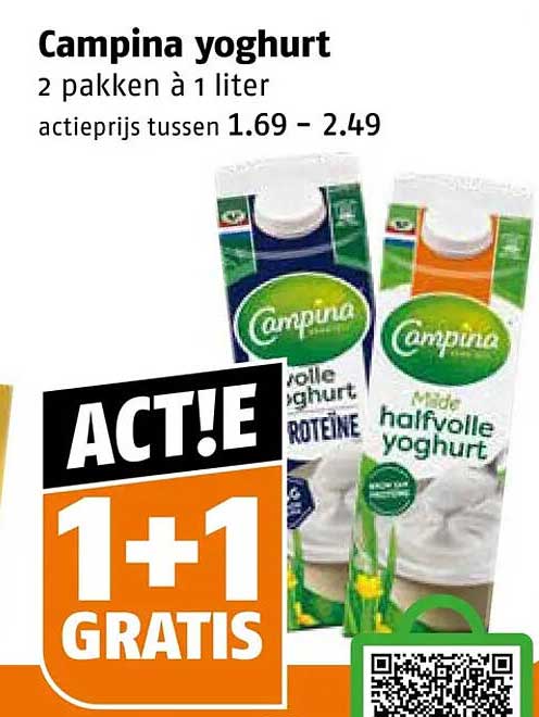 Campina yoghurt 2 pakken à 1 liter ACT!E 1+1 GRATIS