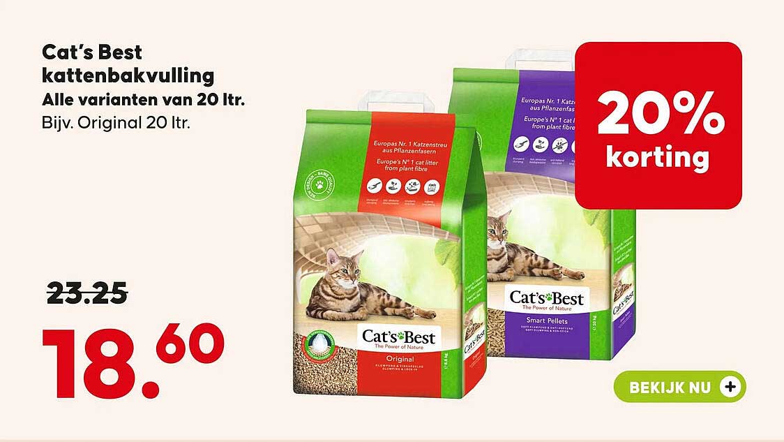 Cat’s Best kattenbakvulling Alle varianten van 20 ltr. Bijv. Original 20 ltr. 20% korting
