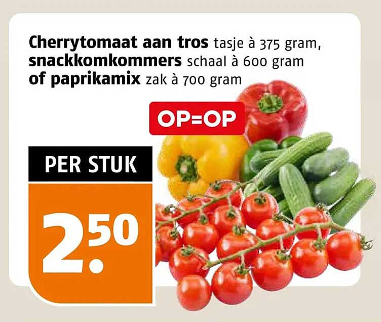 Cherrytomaat aan tros tasje à 375 gram, snackkomkommers schaal à 600 gram of paprikamix zak à 700 gram OP=OP PER STUK