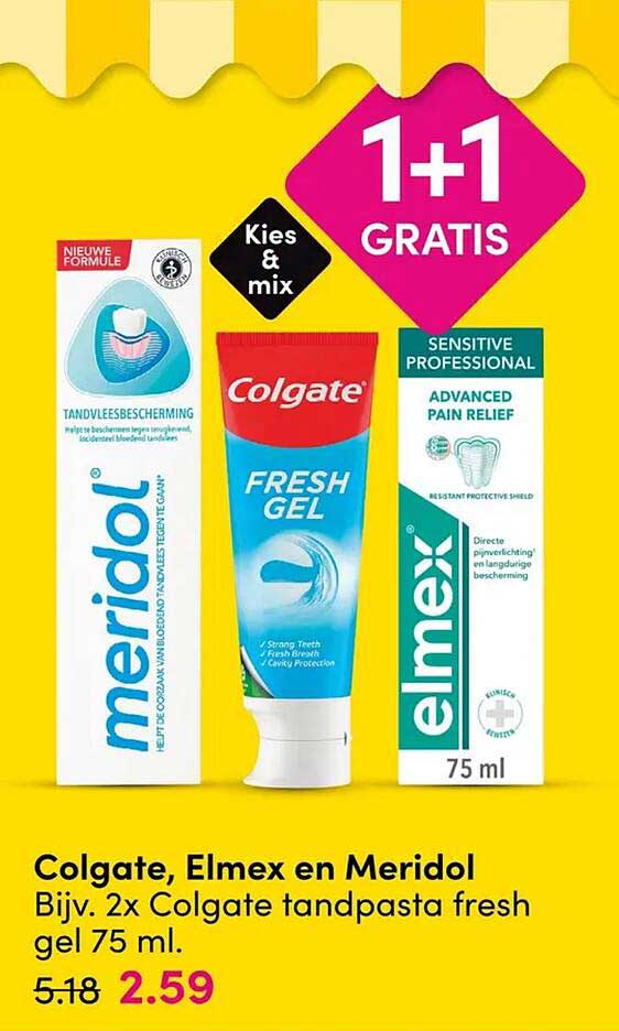 Colgate, Elmex en Meridol Bijv. 2x Colgate tandpasta fresh gel 75 ml. 1+1 GRATIS