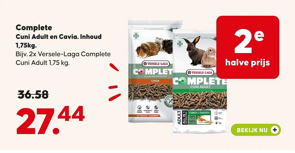 Complete Cuni Adult en Cavia. Inhoud 1,75kg. Bijv. 2x Versele-Laga Complete Cuni Adult 1,75 kg. 2e halve prijs
