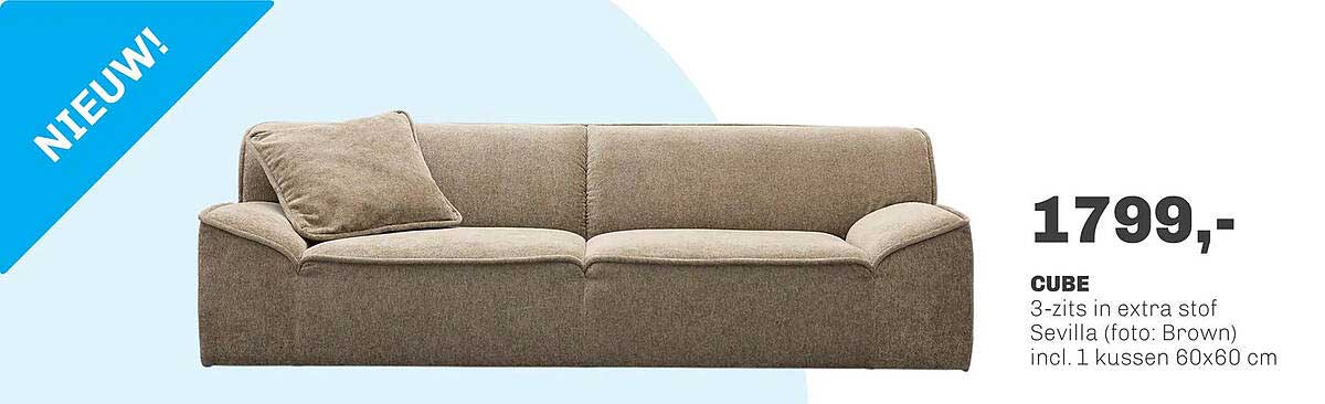 CUBE 3-zits in extra stof Sevilla (foto: Brown) incl. 1 kussen 60x60 cm