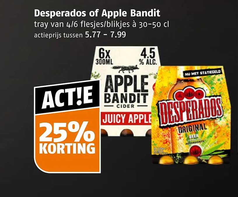 Desperados of Apple Bandit tray van 4/6 flesjes/blikjes à 30–50 cl 25% korting