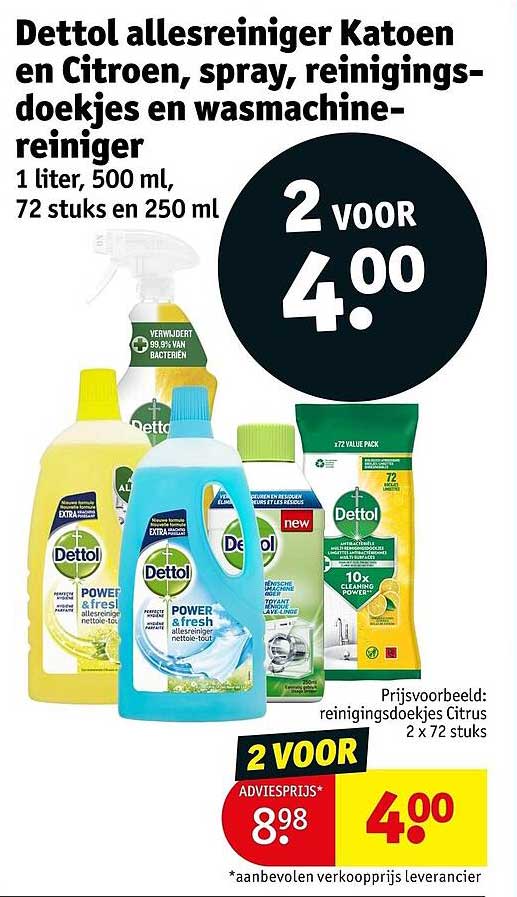 Dettol allesreiniger Katoen en Citroen, spray, reinigingsdoekjes en wasmachine-reiniger 2 voor 4.00