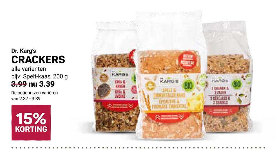Dr. Karg's CRACKERS alle varianten bijv: Spelt-kaas, 200 g 15% KORTING