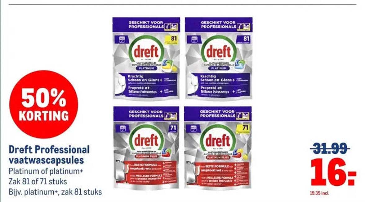 Dreft Professional vaatwascapsules Platinum of platinum+ Zak 81 of 71 stuks Bijv. platinum+, zak 81 stuks 50% KORTING