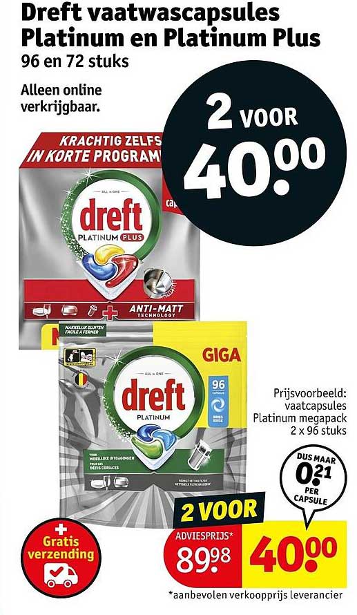 Dreft vaatwascapsules Platinum en Platinum Plus 96 en 72 stuks 2 voor 40.00