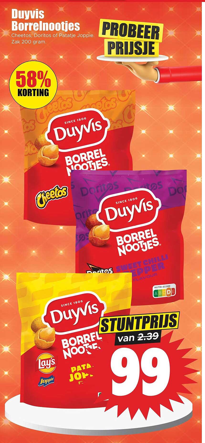 Duyvis Borrelnootjes Cheetos, Doritos of Patatje Joppie. Zak 200 gram.