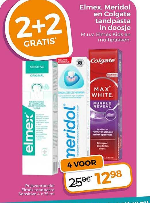 Elmex, Meridol en Colgate tandpasta in doosje 2+2 GRATIS