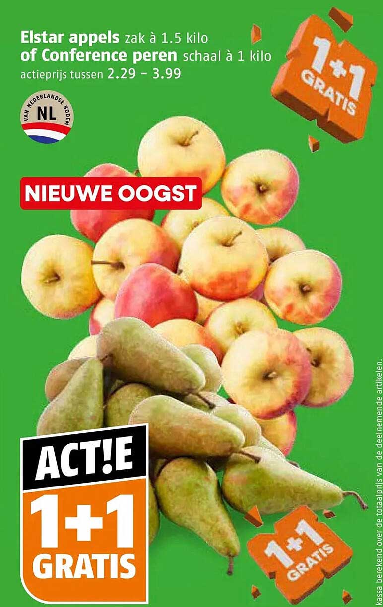 Elstar appels zak à 1.5 kilo of Conference peren schaal à 1 kilo 1+1 gratis