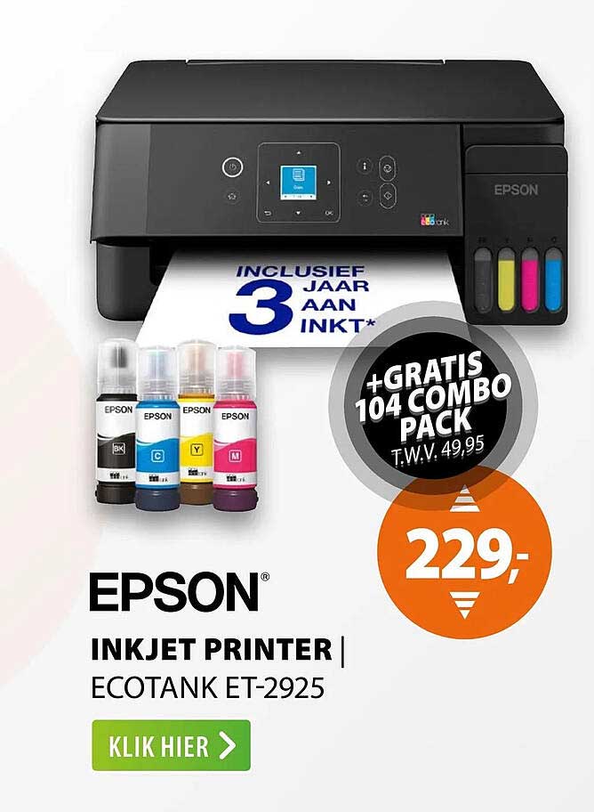EPSON INKJET PRINTER | ECOTANK ET-2925 +GRATIS 104 COMBO PACK T.W.V. 49,95