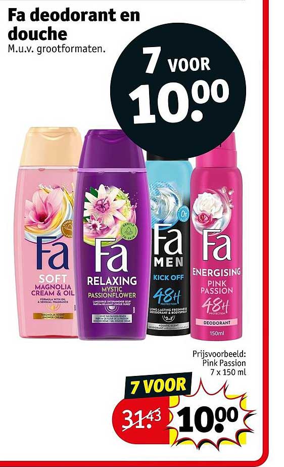 Fa deodorant en douche M.u.v. grootformaten. 7 voor 10.00