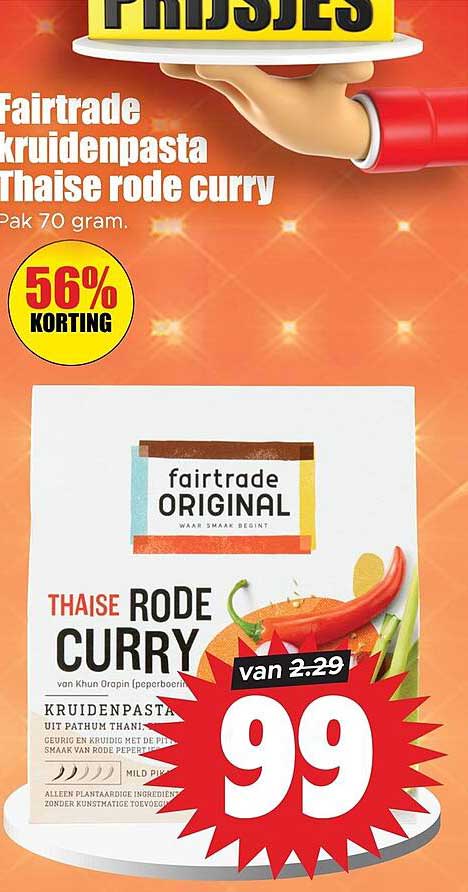 Fairtrade kruidenpasta Thaise rode curry Pak 70 gram 56% korting