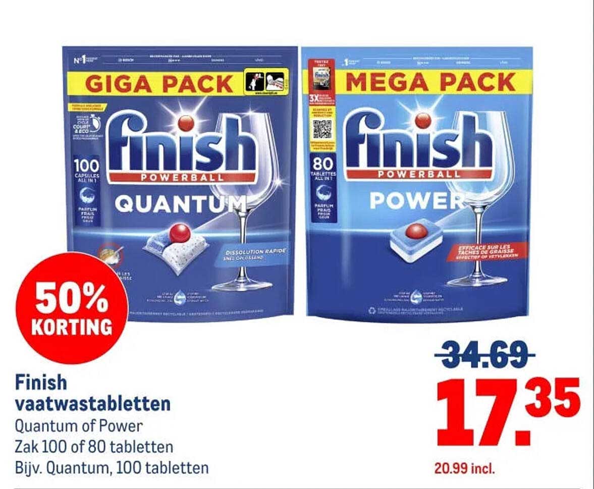 Finish vaatwastabletten Quantum of Power Zak 100 of 80 tabletten Bijv. Quantum, 100 tabletten 50% KORTING