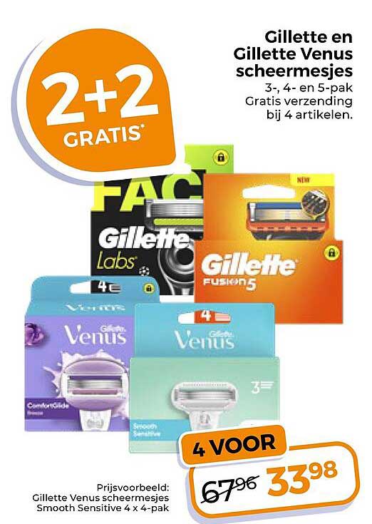 Gillette en Gillette Venus scheermesjes 3-, 4- en 5-pak Gratis verzending bij 4 artikelen. 2+2 GRATIS