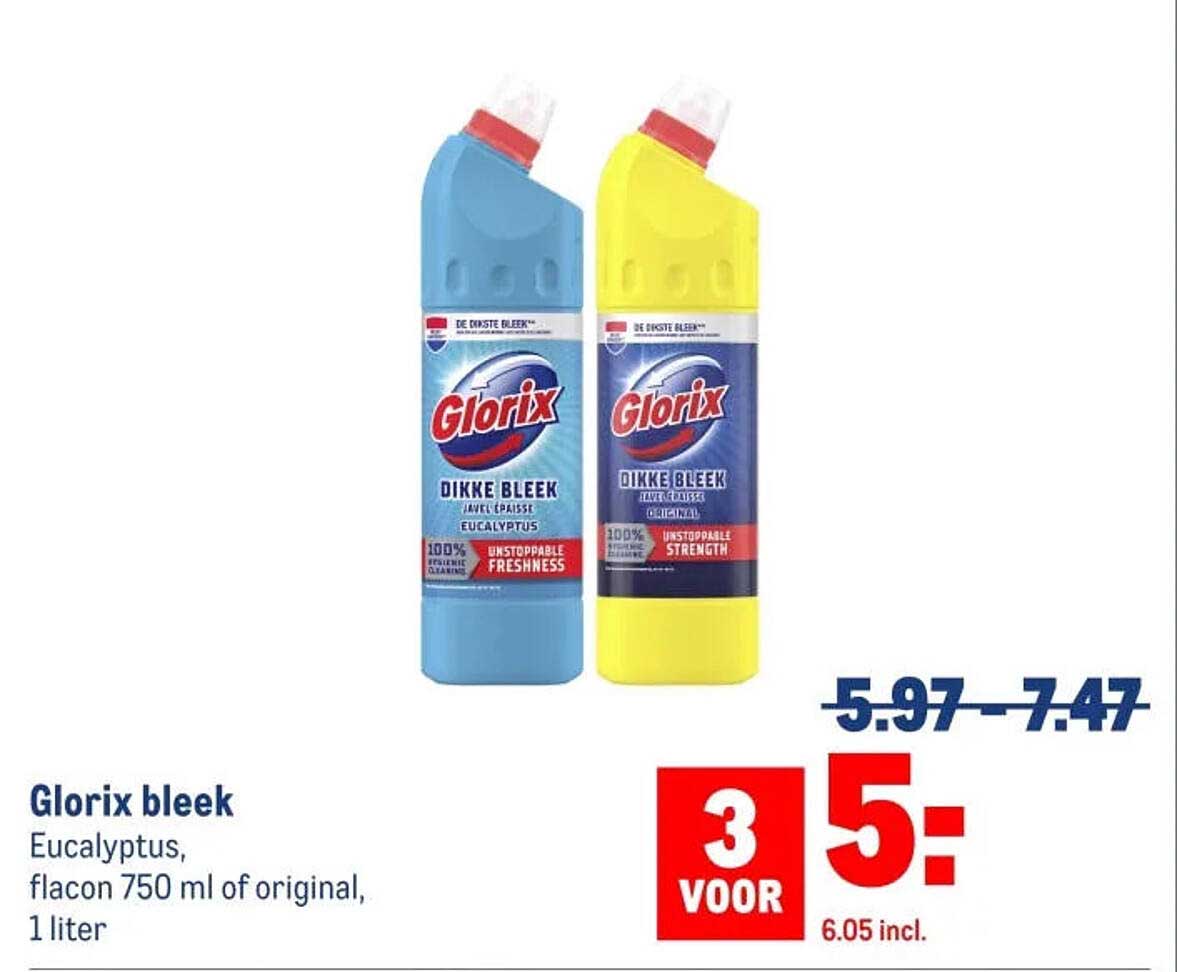 Glorix bleek Eucalyptus, flacon 750 ml of original, 1 liter 3 VOOR