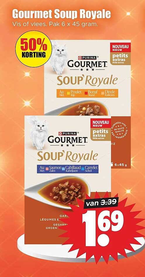 Gourmet Soup Royale Vis of vlees. Pak 6 x 45 gram. 50% KORTING