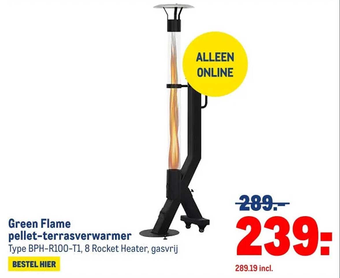 Green Flame pellet-terrasverwarmer Type BPH-R100-T1, 8 Rocket Heater, gasvrij