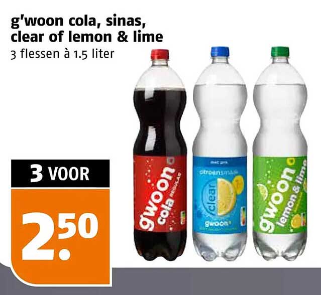 g'woon cola, sinas, clear of lemon & lime 3 flessen à 1.5 liter 3 voor