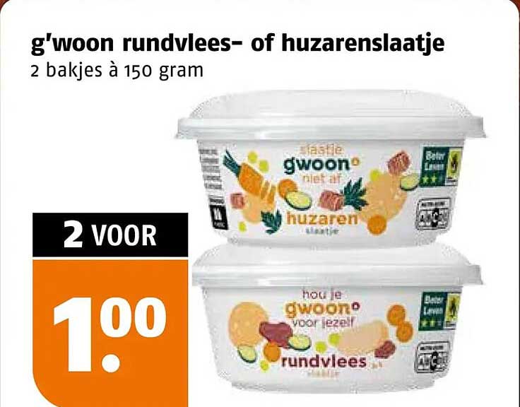 g'woon rundvlees- of huzarenslaatje 2 bakjes à 150 gram