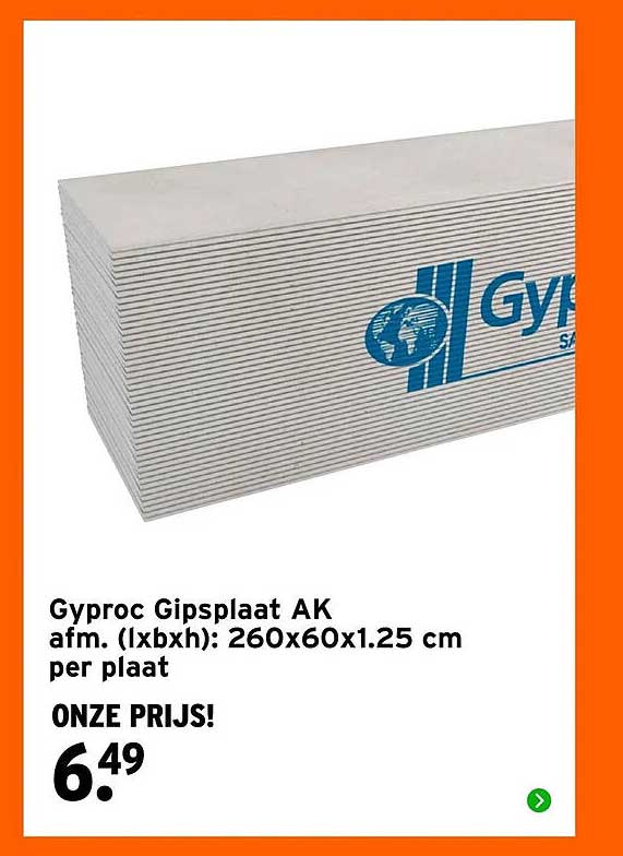 Gyproc Gipsplaat AK afm. (lxbxh): 260x60x1.25 cm per plaat