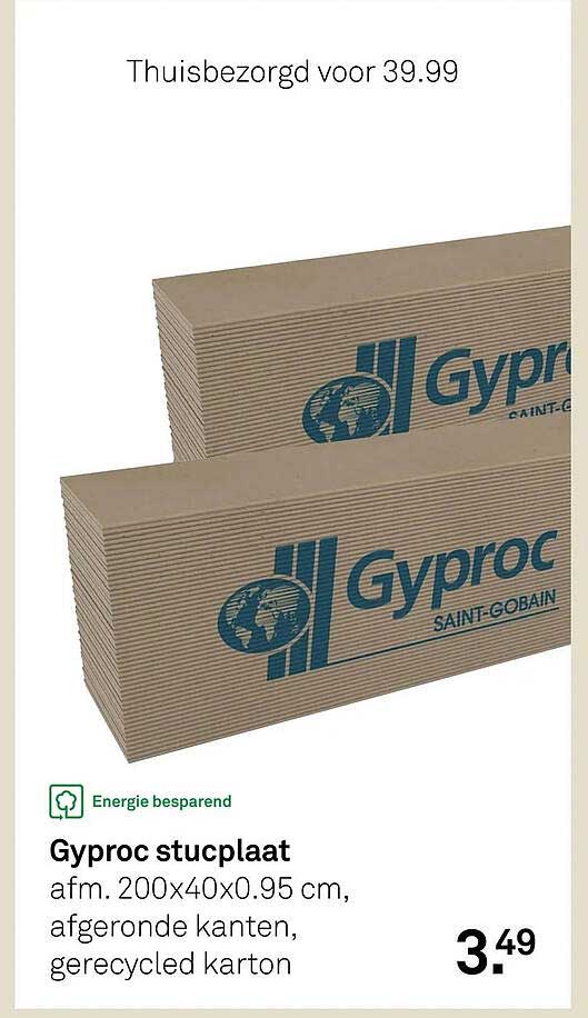 Gyproc stucplaat afm. 200x40x0.95 cm, afgeronde kanten, gerecycled karton